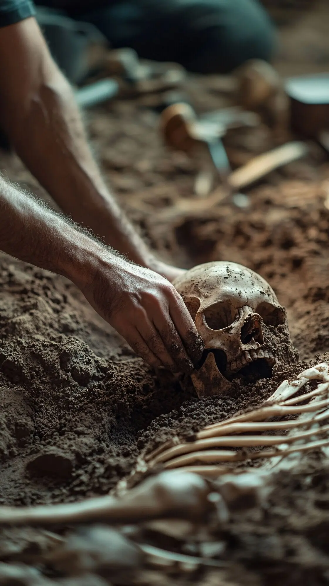 Szene an einer archäologischen Stätte mit antiken Überresten und Entdeckungen.
